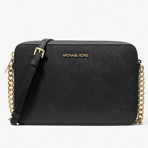 Michael Kors Handbags - Michael Kors Jet Set Large Saffiano Leather Crossbody Bag Black And Gold